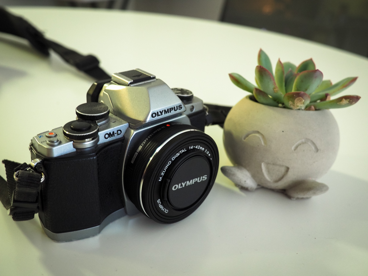 Olympus OM-D E-M10 Mark I camera with concrete Oddish planter